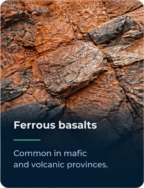 Ferrous basalts – common in mafic and volcanic provinces