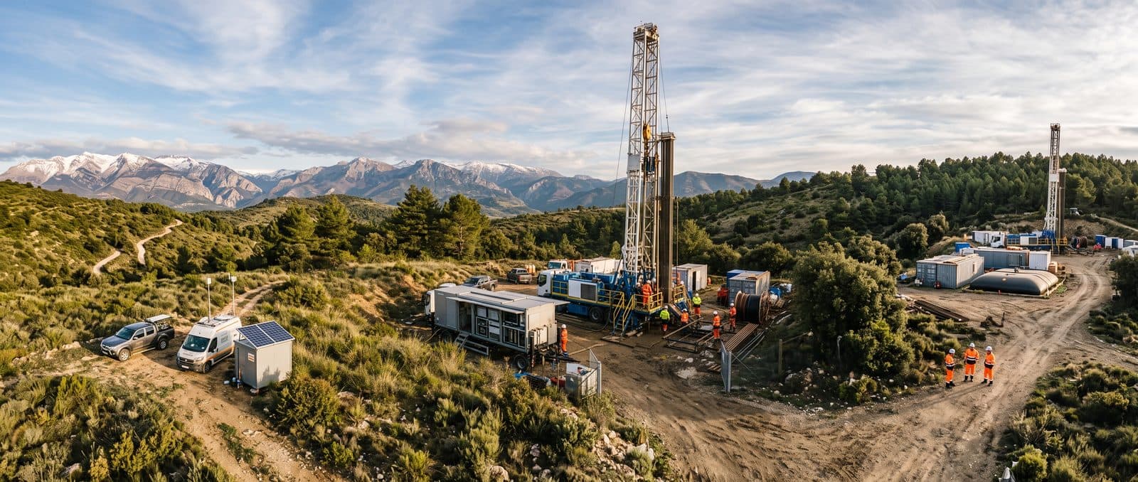 Natural hydrogen exploration drilling site in a mountain landscape