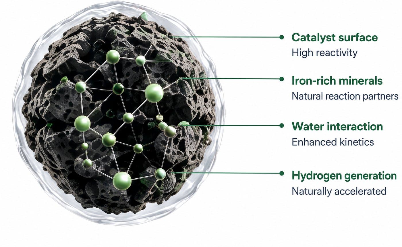 Catalyst surface with high reactivity, iron-rich minerals, water interaction and naturally accelerated hydrogen generation